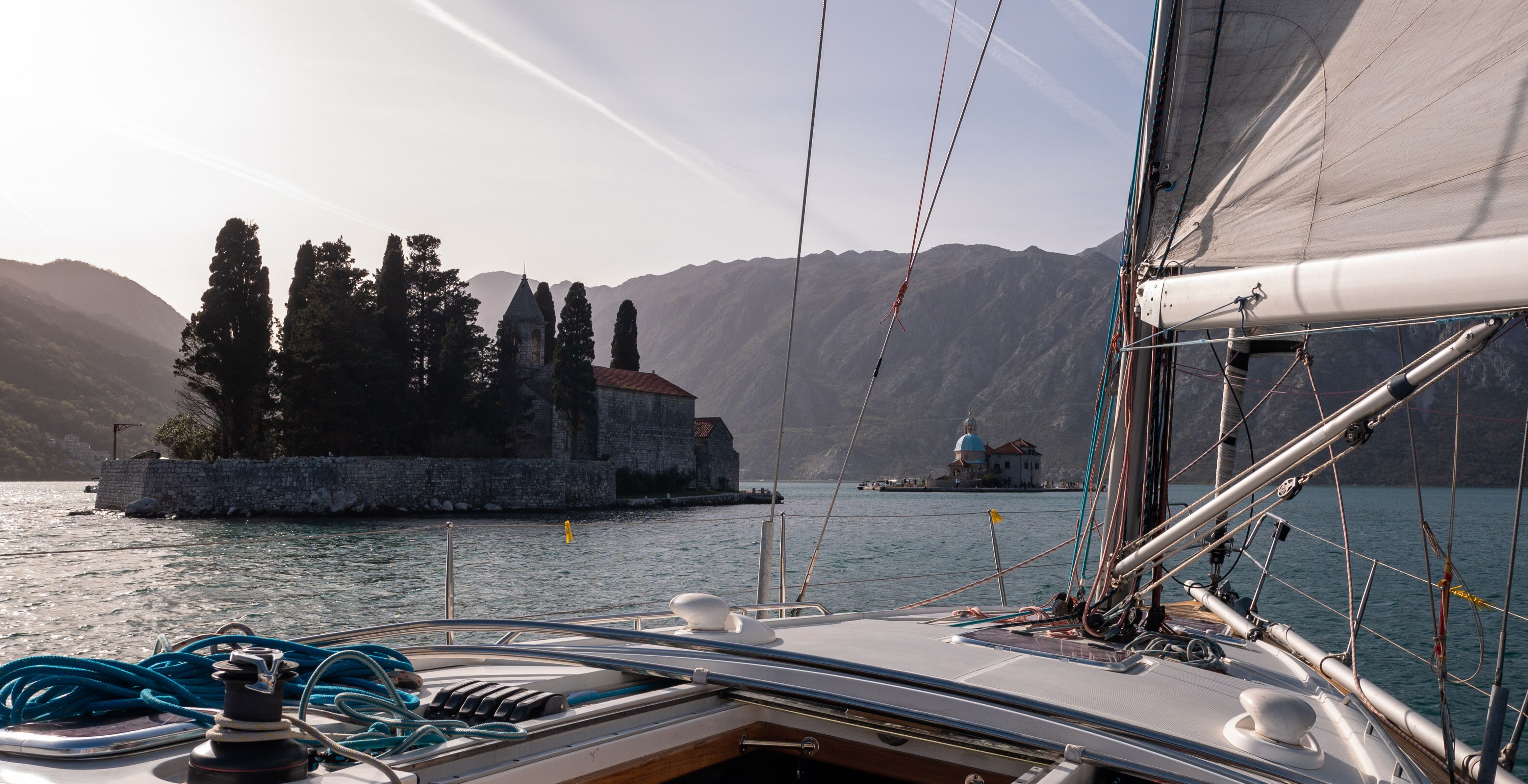 Private sailing yacht in the Bay of Kotor, Montenegro